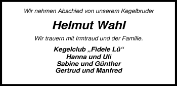 Traueranzeige von Helmut Wahl von Nordwest-Zeitung