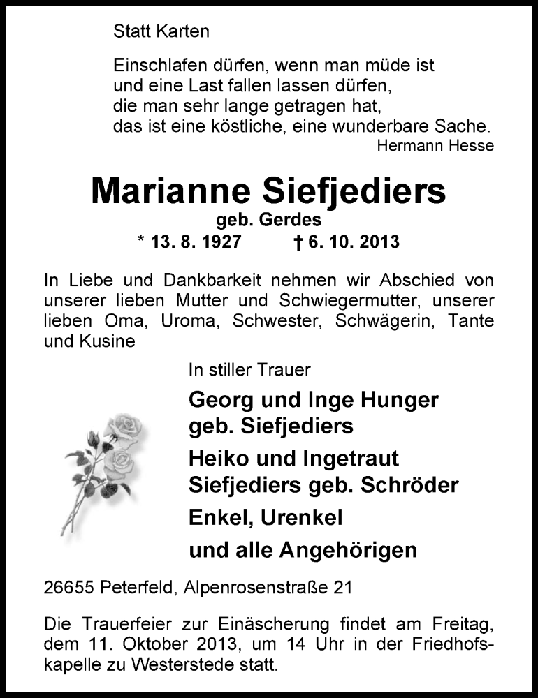  Traueranzeige für Marianne Siefjediers vom 08.10.2013 aus Nordwest-Zeitung