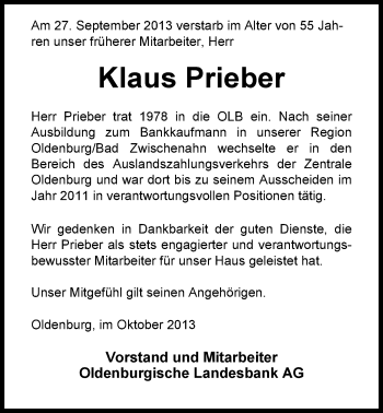 Traueranzeige von Klaus Prieber von Nordwest-Zeitung
