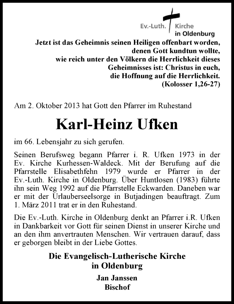  Traueranzeige für Karl-Heinz Ufken vom 08.10.2013 aus Nordwest-Zeitung