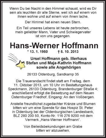 Traueranzeige von Hans-Werner Hoffmann von Nordwest-Zeitung