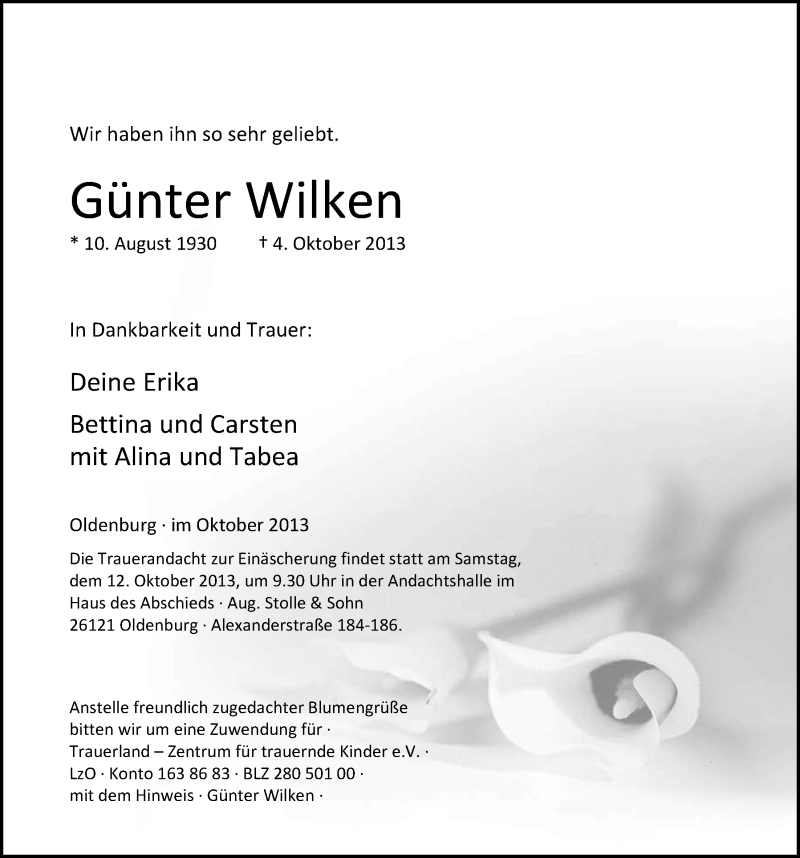  Traueranzeige für Günter Wilken vom 09.10.2013 aus Nordwest-Zeitung