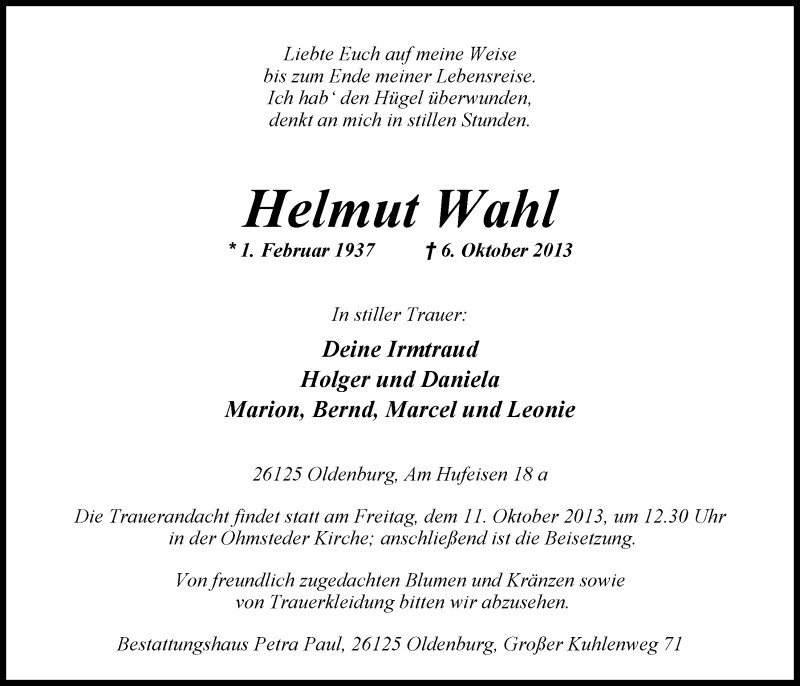  Traueranzeige für Helmut Wahl vom 09.10.2013 aus Nordwest-Zeitung