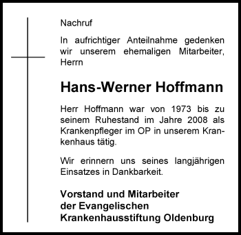 Traueranzeige von Hans-Werner Hoffmann von Nordwest-Zeitung