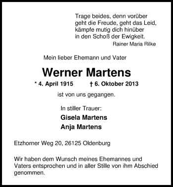 Traueranzeige von Werner Martens von Nordwest-Zeitung