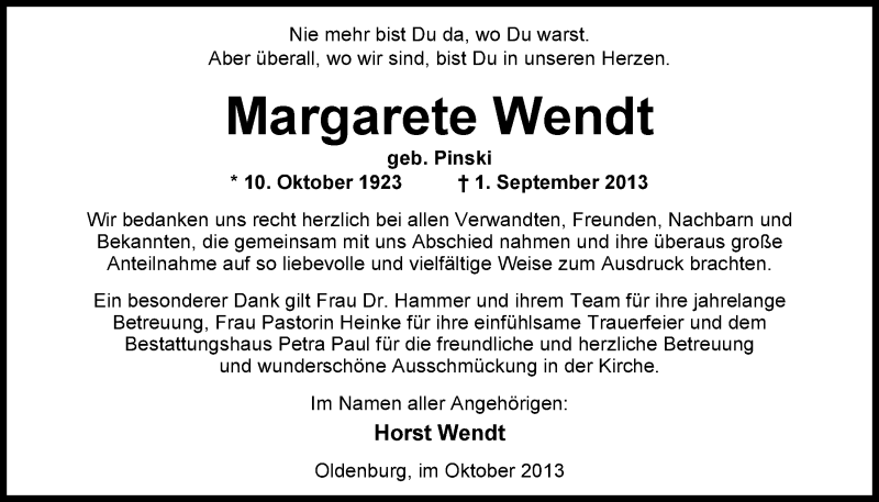  Traueranzeige für Margarete Wendt vom 12.10.2013 aus Nordwest-Zeitung