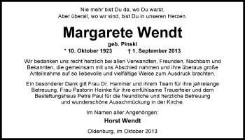 Traueranzeige von Margarete Wendt von Nordwest-Zeitung
