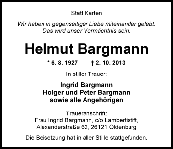 Traueranzeige von Helmut Bargmann von Nordwest-Zeitung