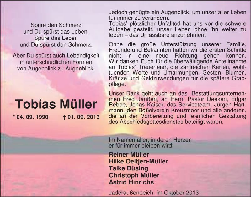  Traueranzeige für Tobias Müller vom 10.10.2013 aus Nordwest-Zeitung