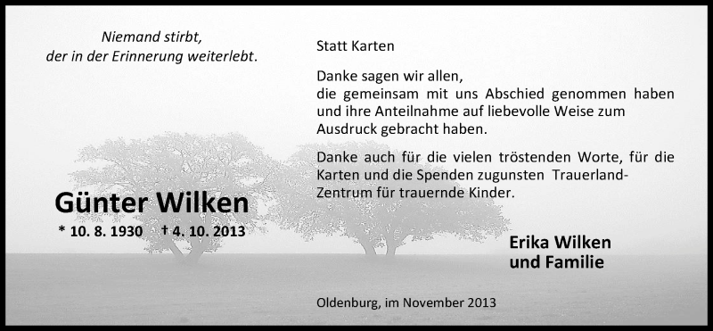  Traueranzeige für Günter Wilken vom 02.11.2013 aus Nordwest-Zeitung