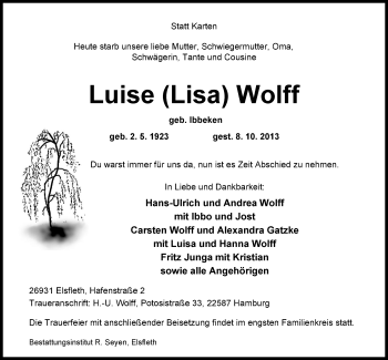 Traueranzeige von Luise Wolff von Nordwest-Zeitung