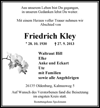 Traueranzeige von Friedrich Kley von Nordwest-Zeitung