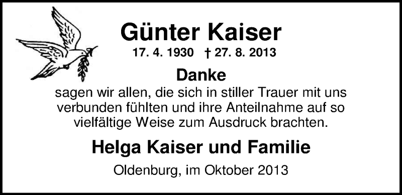  Traueranzeige für Günter Kaiser vom 12.10.2013 aus Nordwest-Zeitung