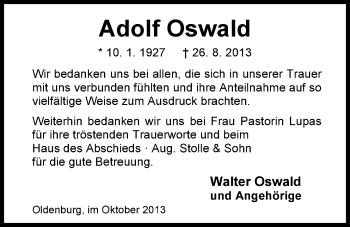 Traueranzeige von Adolf Oswald von Nordwest-Zeitung