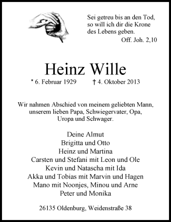 Traueranzeige von Heinz Wille von Nordwest-Zeitung