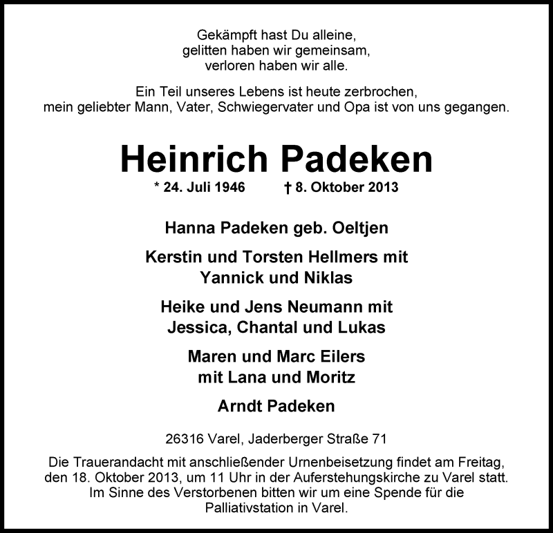  Traueranzeige für Heinrich Padeken vom 11.10.2013 aus Nordwest-Zeitung