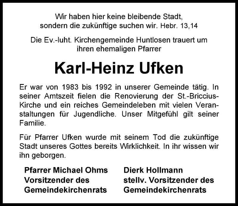  Traueranzeige für Karl-Heinz Ufken vom 11.10.2013 aus Nordwest-Zeitung