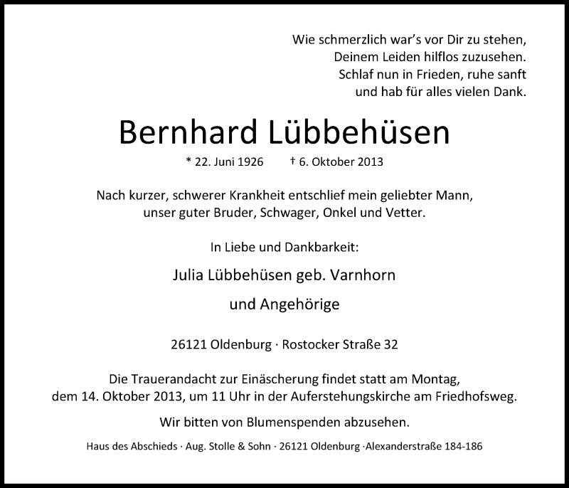  Traueranzeige für Bernhard Lübbehüsen vom 11.10.2013 aus Nordwest-Zeitung