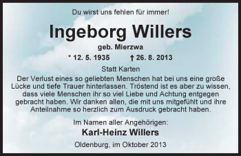 Traueranzeige von Ingeborg Willers von Nordwest-Zeitung