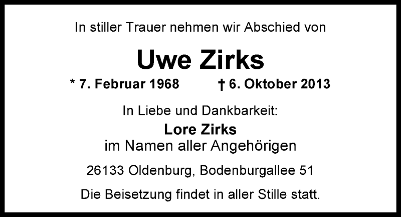  Traueranzeige für Uwe Zirks vom 12.10.2013 aus Nordwest-Zeitung