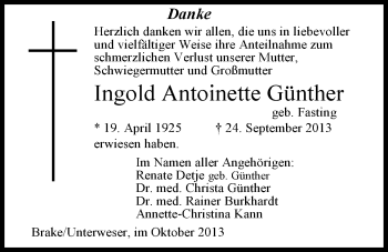 Traueranzeige von Ingold Antoinette Günther von Nordwest-Zeitung