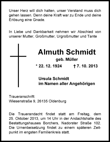 Traueranzeige von Almuth Schmidt von Nordwest-Zeitung