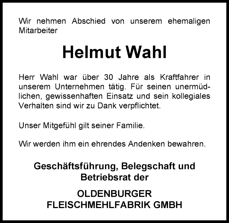  Traueranzeige für Helmut Wahl vom 11.10.2013 aus Nordwest-Zeitung
