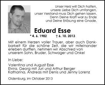 Traueranzeige von Eduard Esse von Nordwest-Zeitung