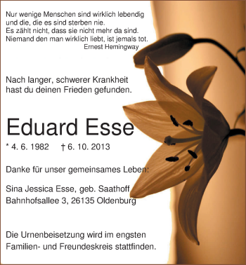 Traueranzeige von Eduard Esse von Nordwest-Zeitung