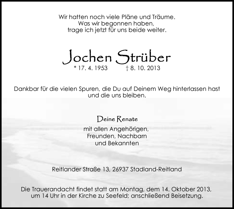  Traueranzeige für Jochen Strüber vom 11.10.2013 aus Nordwest-Zeitung
