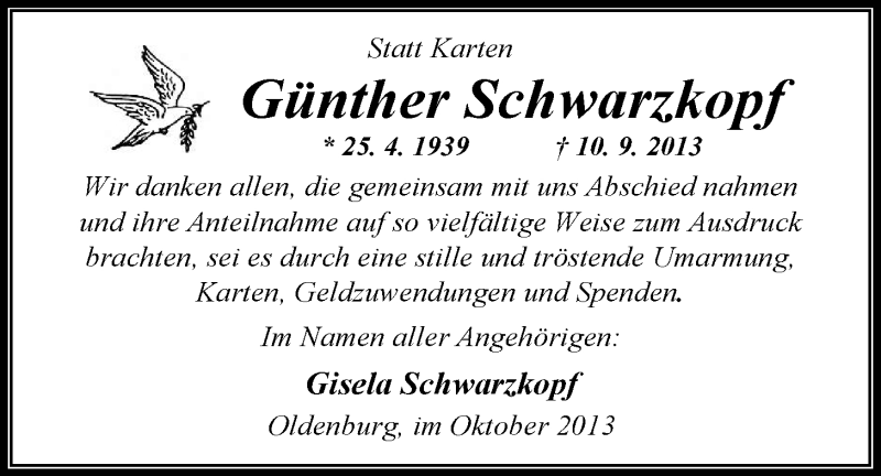  Traueranzeige für Günther Schwarzkopf vom 12.10.2013 aus Nordwest-Zeitung