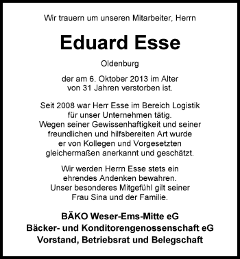 Traueranzeige von Eduard Esse von Nordwest-Zeitung