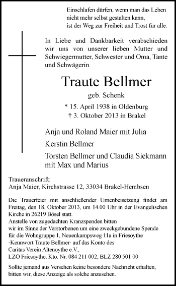 Traueranzeige von Traute Bellmer von Nordwest-Zeitung