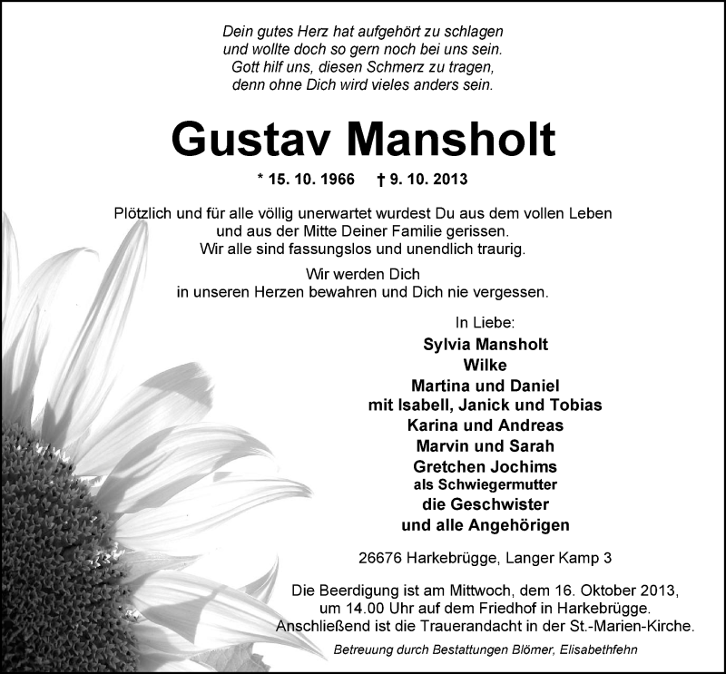  Traueranzeige für Gustav Mansholt vom 12.10.2013 aus Nordwest-Zeitung