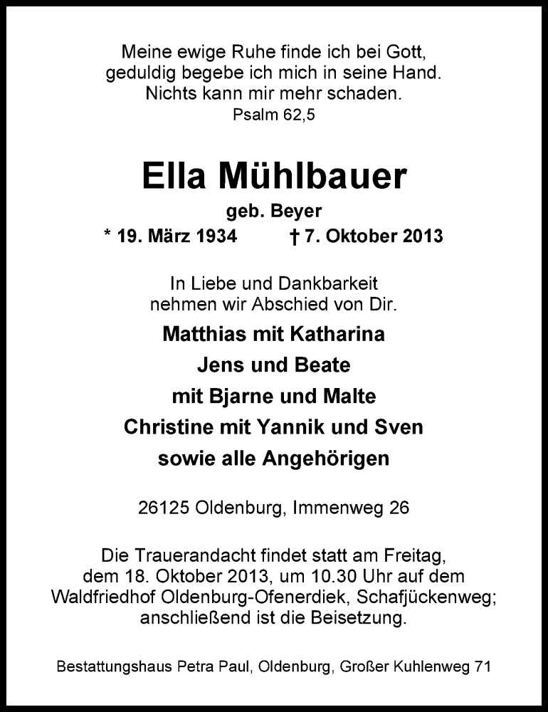  Traueranzeige für Ella Mühlbauer vom 12.10.2013 aus Nordwest-Zeitung