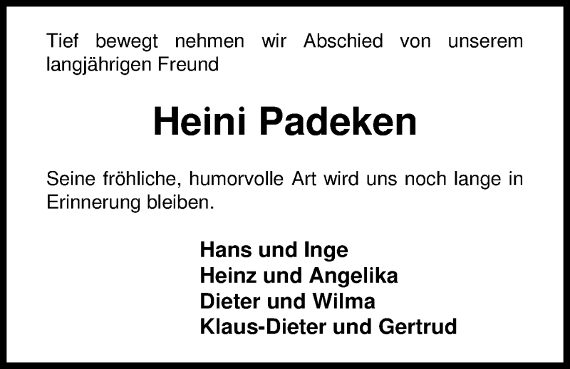  Traueranzeige für Heinrich Padeken vom 12.10.2013 aus Nordwest-Zeitung