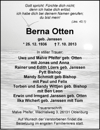 Traueranzeige von Berna Otten von Nordwest-Zeitung