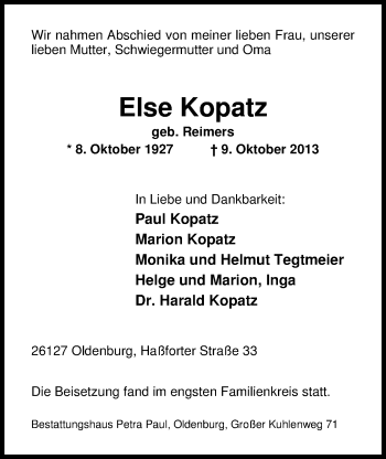 Traueranzeige von Else Kopatz von Nordwest-Zeitung