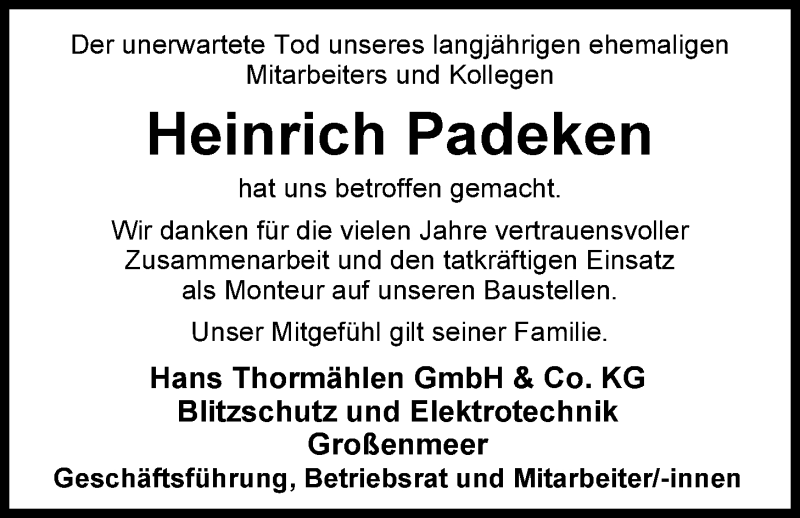  Traueranzeige für Heinrich Padeken vom 12.10.2013 aus Nordwest-Zeitung