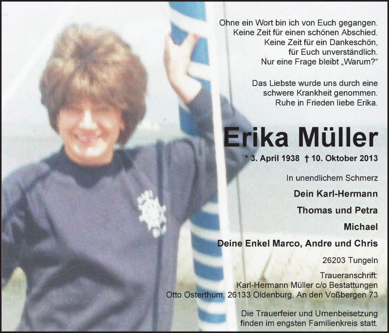  Traueranzeige für Erika Müller vom 15.10.2013 aus Nordwest-Zeitung