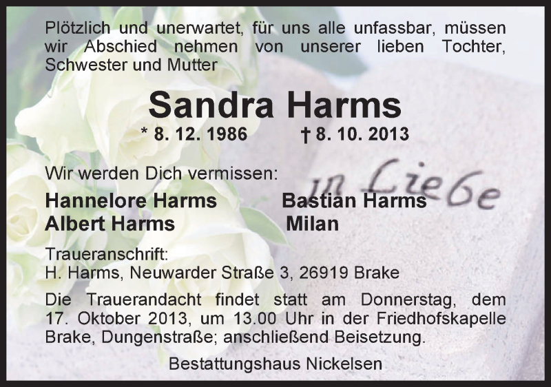  Traueranzeige für Sandra Harms vom 15.10.2013 aus Nordwest-Zeitung