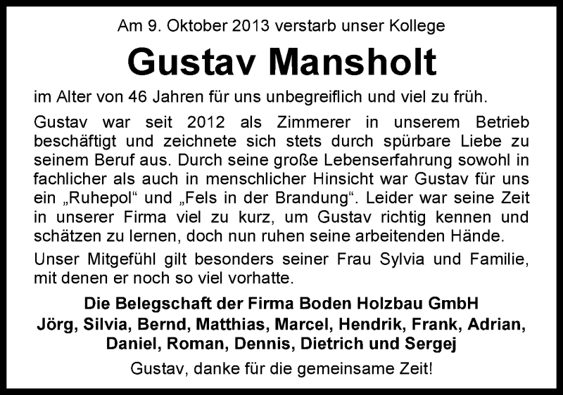  Traueranzeige für Gustav Mansholt vom 15.10.2013 aus Nordwest-Zeitung