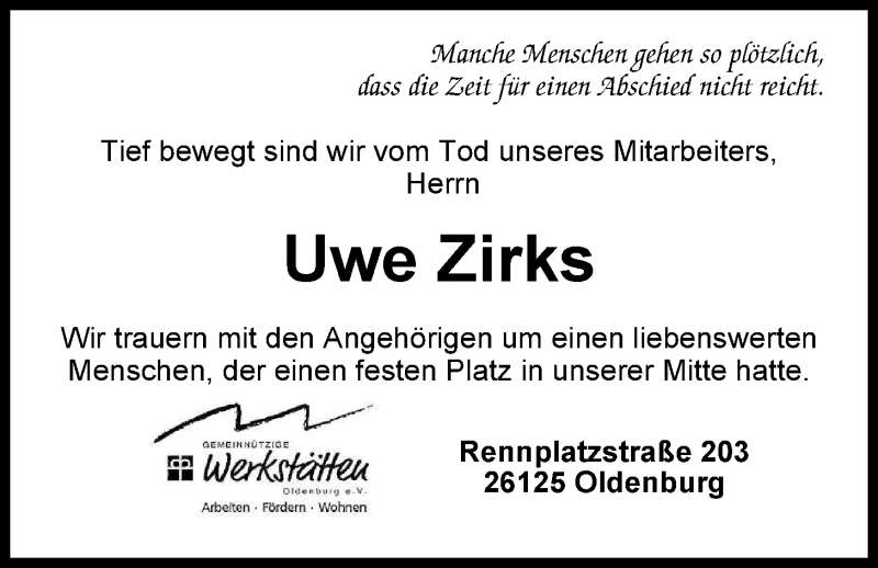  Traueranzeige für Uwe Zirks vom 15.10.2013 aus Nordwest-Zeitung