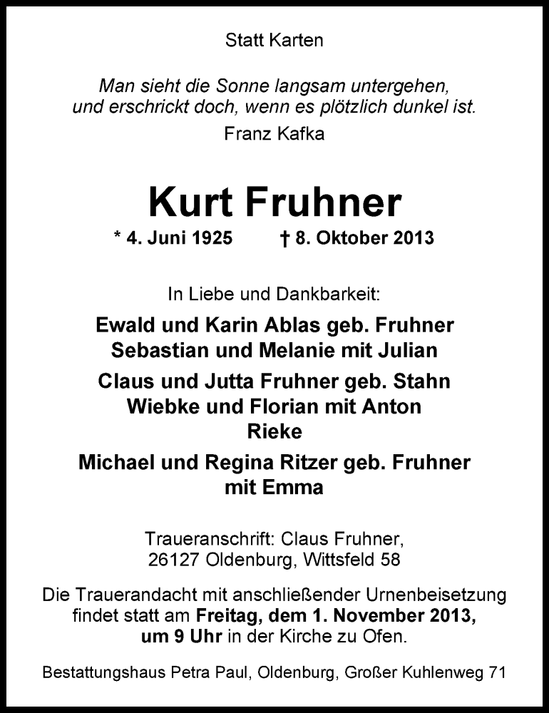  Traueranzeige für Kurt Fruhner vom 15.10.2013 aus Nordwest-Zeitung