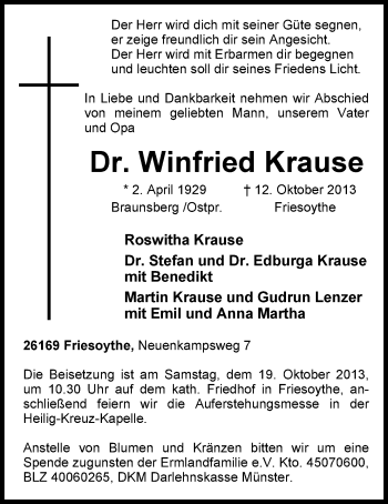 Traueranzeige von Winfried Krause von Nordwest-Zeitung