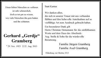 Traueranzeige von Gerhard Gramberg von Nordwest-Zeitung