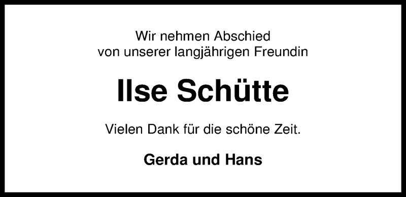  Traueranzeige für Ilse Schütte vom 17.10.2013 aus Nordwest-Zeitung