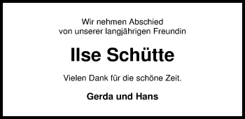 Traueranzeige von Ilse Schütte von Nordwest-Zeitung