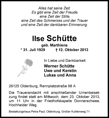 Traueranzeige von Ilse Schütte von Nordwest-Zeitung