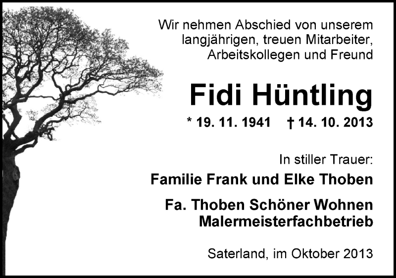  Traueranzeige für Friedrich Hüntling vom 16.10.2013 aus Nordwest-Zeitung